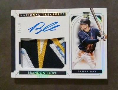 2019 National Treasures Brandon Lowe Autograph Patch RC SSP 08/10 Jersey Number - Image 1 of 2