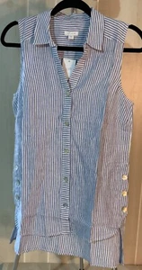 NEW J Jill woman Small sleeveless 100% Linen Cobalt Blue striped tunic blouse - Picture 1 of 8