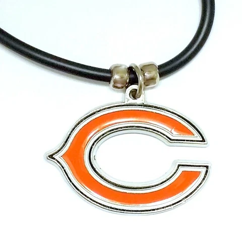 Chicago Bears Necklace Black Rubber Cord Large Metal Pendant NFL Football Team Cover