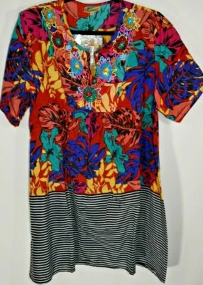 POSITANO BY JEAN PAUL L/XL 多色叶子黑色和白色条纹上衣全新带标签  — 第 1/4 张图片