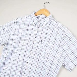 Barbour Linen Shirt Mens Large Blue Gingham Check Short Sleeve Tailored Fit - Picture 1 of 10