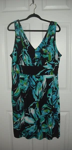 Bisou Bisou Michele Bohbot Blue Green Black Floral Sleeveless Lined Dress Sz 22W - Picture 1 of 3
