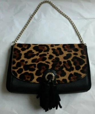 KATE SPADE OCELOTE/LEOPARDO PELO DE BECERRO NOCHE CLUTCH BORLA BOLSO MONEDERO_NEGRO/MARRÓN Foto 1 de 4