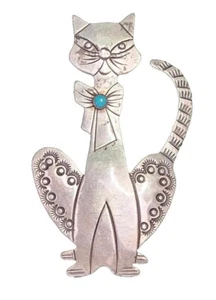Vintage Large Navajo Sterling Turquoise Stamped Kitty Cat Pin Brooch - Picture 1 of 20