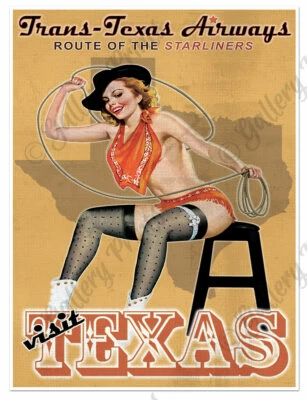 Trans-Texas Airways Travel Print Airplane Poster - Rodeo Cowgirl Pinup Girl - Image 1 of 4
