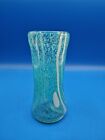 6" Tall Aqua Teal Blue Confetti Stripes Dots Art Glass Vase Vintage Mcm Mod