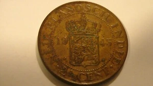 1945 P DUTCH EAST INDIES 2 1/2 CENT NETHERLANDS QUEEN WILHELMINA BRASS KM 316 - Picture 1 of 12
