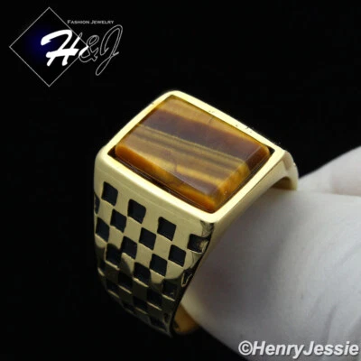 Anillo de acero inoxidable con patrón de mosaico chapado en oro/negro ojo de tigre para hombre*TR136 Foto 1 de 4