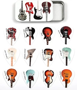 Tin of 12 Guitar Plectrums – Harmony Picks – Featuring 24 Famous Guitars – Premi - Picture 1 of 3