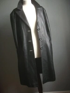 TRINCHERA DE CUERO REAL 16 18 chaqueta larga línea negra suave damas encubierta vintage - Imagen 1 de 20