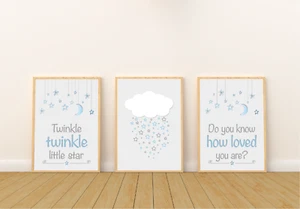 Nursery Prints Set of 3 | Twinkle Twinkle Cloud | Boy Blue | Nursery Pictures - Picture 1 of 9