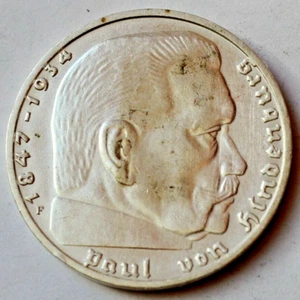 Germany, 2 Reichsmark 1937 F, Paul von Hindenburg, 2 mark, Silver coin  - Picture 1 of 2