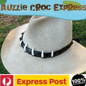 Authentic Australian Saltwater Crocodile Leather Hat Band with 7 teeth - Black - Picture 1 of 7