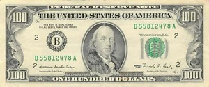 USA $100 B 2 New York Series 1988 Block B - A Circulated Banknote - Picture 1 of 2