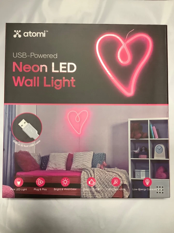 Atomi Neón LED Luz de Pared Rosa Retro Corazón Decorativo Arte de Pared Letrero Alimentado por USB Foto 1 de 1