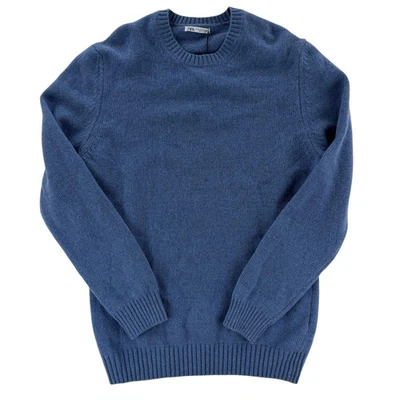 Zara Sweater Mens Medium Blue Wool Blend Crewneck Knit Pullover Ribbed Hem Cuffs - Image 1 of 4