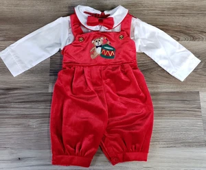 VTG Good Lad Holiday Bear Red Overall Romper Bow Tie Boy 6-9 Months Christmas - Picture 1 of 14