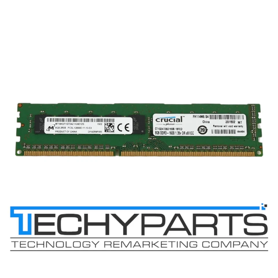 Crucial 8GB 2Rx8 PC3L-12800E ECC Unbuffered Memory Module CT102472BD160B.18FED - Image 1 of 1