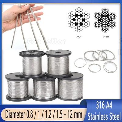 Кабель веревочный из нержавеющей стали 0,8 мм - 12 мм 316 A4 7x7 7x19 забор балюстрады - Изображение 1 из 4