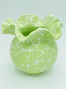 VTG MCM Lime Green & White Speckle Ruffled Collar Round Bottom Pottery Vase 4.5" - Picture 1 of 15
