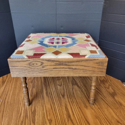 Vintage Handmade Crewel Embroidered Wooden Foot Rest With Hidden Storage - Image 1 of 4