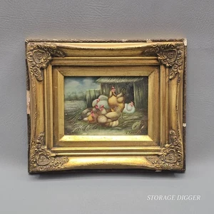 VTG Chikens Farm Painting Oil On Panel Framed Signed T Toch Small 11.75" x 9.75" - Picture 1 of 19