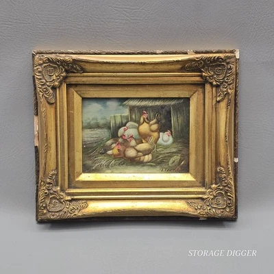 Pintura al óleo sobre panel de colección Chikens Farm enmarcada firmada T Toch pequeña 11,75" x 9,75" Foto 1 de 4