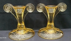 Fostoria June Topaz Yellow 4.75" Tall Grecian Scroll Candle Holders - Set Of 2 - Picture 1 of 6