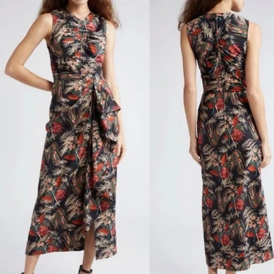 Ulla Johnson Edlyn Anthurium Floral Ruched Ruffle Overlay Cotton Midi Dress Sz 4 - Image 1 of 4