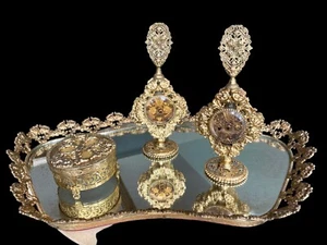 Bandeja espejo tocador vintage botella de perfume Hollywood Regency Ormolu latón dorado - Imagen 1 de 22