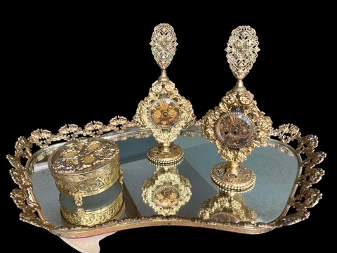 Vintage Baroque Rococo Brass Gold Tray Mirror Vanity Set Perfume bottle Heavy Cover