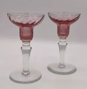 Vintage Cranberry Glass Taper Candle Holders with Clear Glass Stem, Set of 2, 6" - Picture 1 of 11