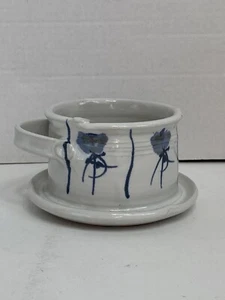 Glazed Studio Art Pottery Soup Bowl with Handle White Blue Flowers Artist Signed - Picture 1 of 7