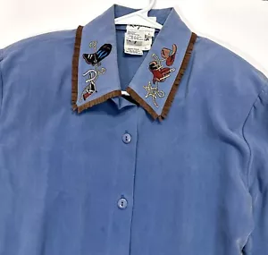 Regalia 100% Seide Western bestickt Bluse Gr. L Damen blau Knopfleiste - Bild 1 von 5