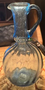 Vintage Blue Bubble Handblown Glass Pitcher Vase w/Handle - Picture 1 of 6