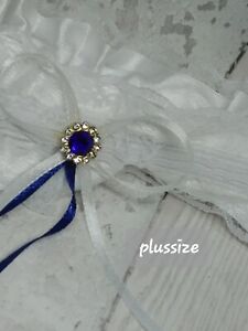Plus size White Garter  wedding With Blue Stone Rhinestones blue ribbon 