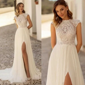Jewel Wedding Lace Dresses A Line Applique Cap Sleeve Train Split Ruche Train - Picture 1 of 12