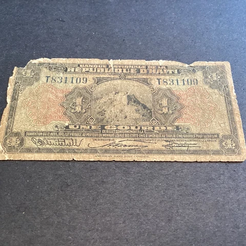De La Republique D Haiti Une Gourde 1919 Banknote(As Is Very Poor Condition) Cover