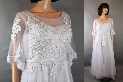 NWT Wedding Gown Sz L Silvery Gray Tulle Lace Satin Long Fairy Princess Dress - Image 1 of 4