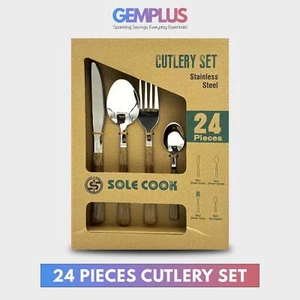GEM+ | 24-Piece Stainless Steel Cutlery Set with Wood Texture Handle - Picture 1 of 9