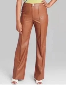 Women’s Wild Fable Faux Leather Pintuck Flare Pants Brown Size 14 - Picture 1 of 6