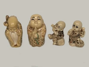 Vintage Japanese Netsuke x 4 Figurines Hand Carved Resin & Signed 2" - 2.1/2" - Picture 1 of 7