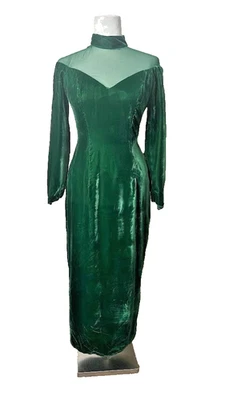 Vintage Nite Green Velvet Maxi Dress 6 Size Mesh Holiday Formal Elegant Made USA - Image 1 of 4