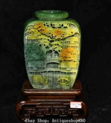 Jarrón botella gente árbol casa árbol casa tallado jade Xiu natural chino de 11,8"" Foto 1 de 4