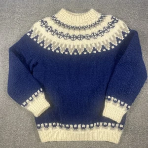 Suéter de abuelo vintage tejido a mano lana azul y blanco talla Lg noches de invierno - Imagen 1 de 9