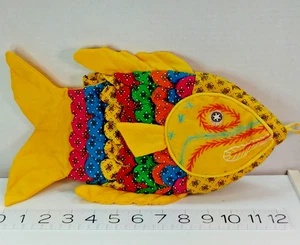 Vintage Scandinavian Fish Oven Mitt Bright Yellow Multi Color Bohemian S - Picture 1 of 9