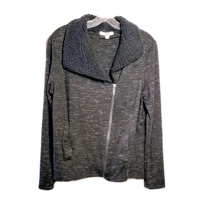 Kensie Shailene Shearling Collar Knit Jacket Black Speckled Size L Stretch Cozy - Image 1 of 4