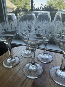 Vintage Libbey Winter Scene Frosted/Gold Rim Wine Glass set of 5 - 8" - Picture 1 of 4