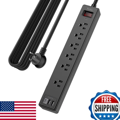 Yintar 20ft Power Strip Surge Protector 6 AC Outlets 3 USB 1680J ETL Black - Image 1 of 4