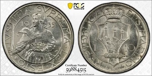 1935-R San Marino Silver 10 Lire PCGS MS62 True View - LOW 30K Mintage! - Picture 1 of 4